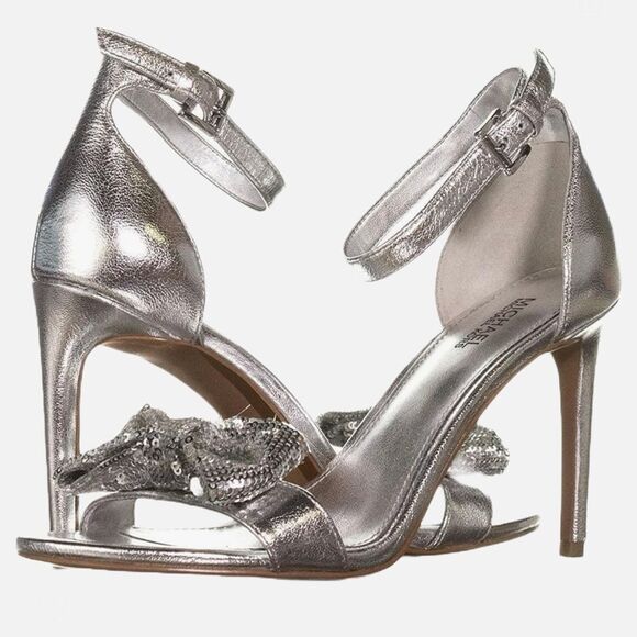 Michael Kors Paris Leather Stiletto Heels Womens 7‎ Silver Metallic Bow Designer - Picture 2 of 13